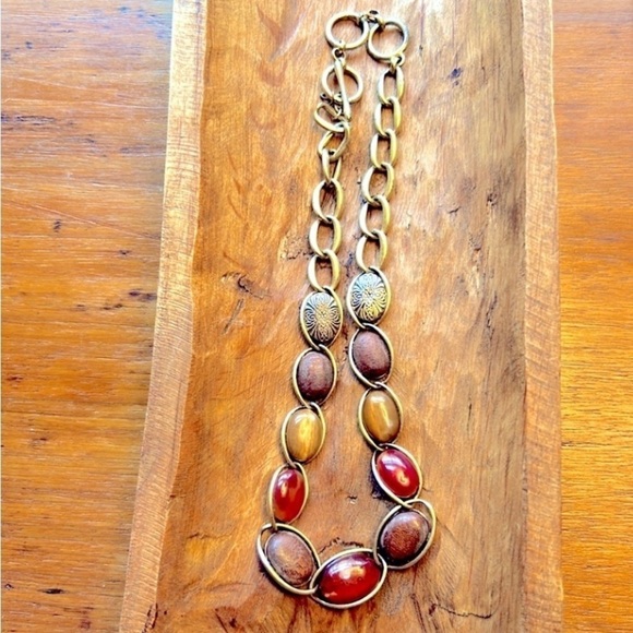 Vintage Rachel Zoe Chunky Necklace Nut Stone Gold Tone Size 16” Toggle - Picture 3 of 6